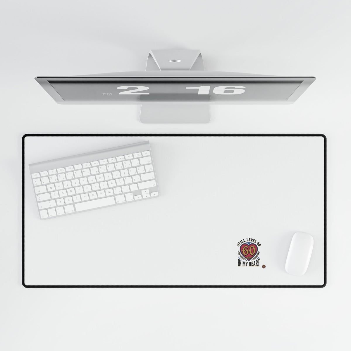 Large Desk Mat — Minimal White Gaming/Office Pad with 'All I Need Is Go In My Heart' Badge