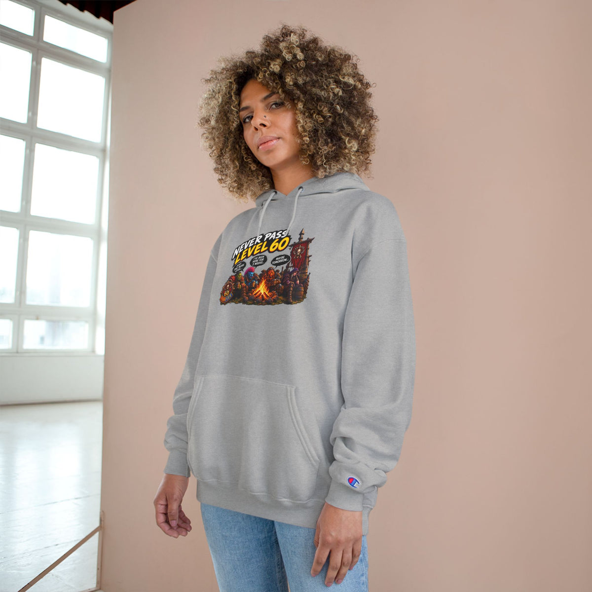 Champion Hoodie - 'Never Pass Level 60' Gamer Campfire Graphic Hoodie