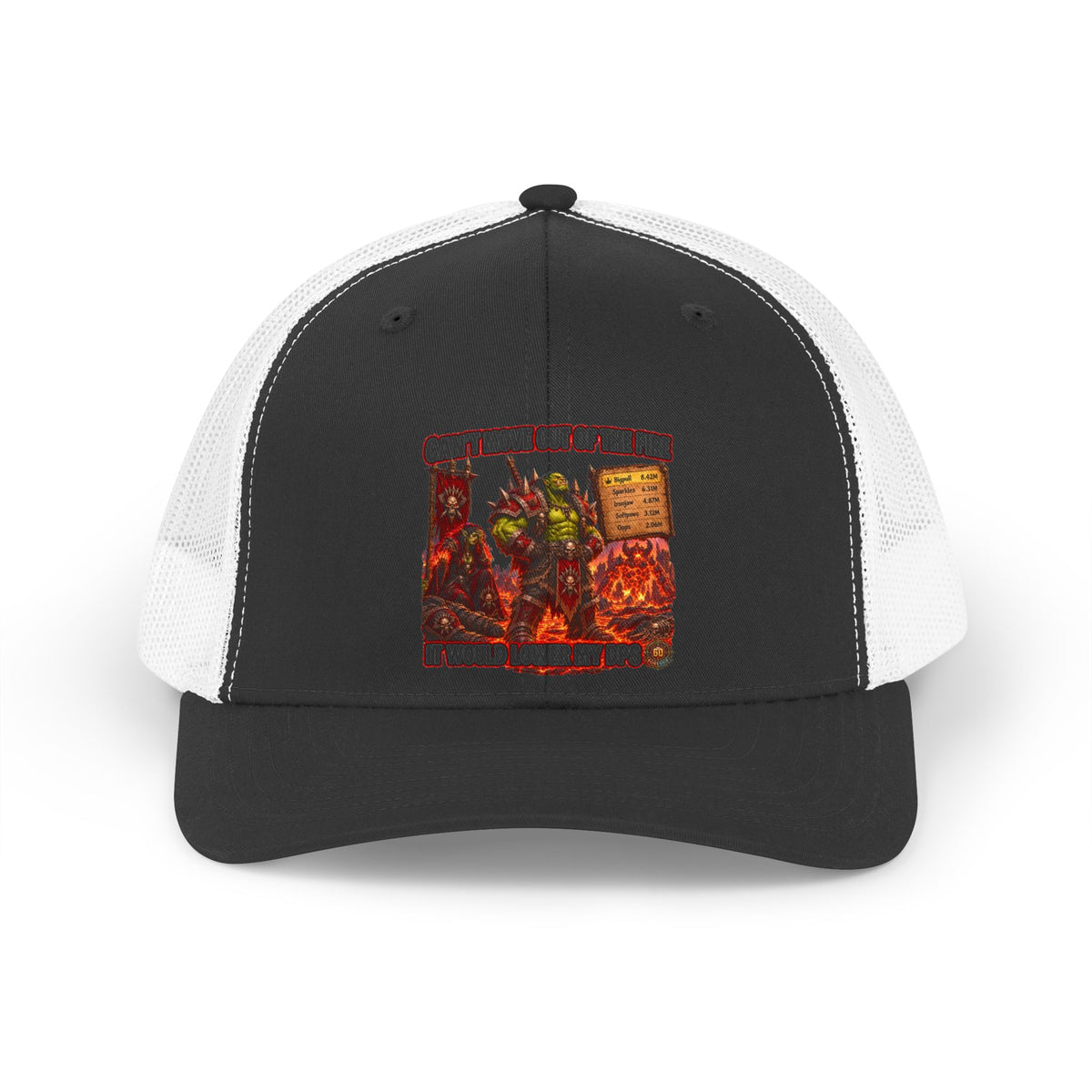 Retro Trucker Hat — Funny Gamer Fire Meme: "Can’t Move Out of the Fire, It Would Lower My DPS"
