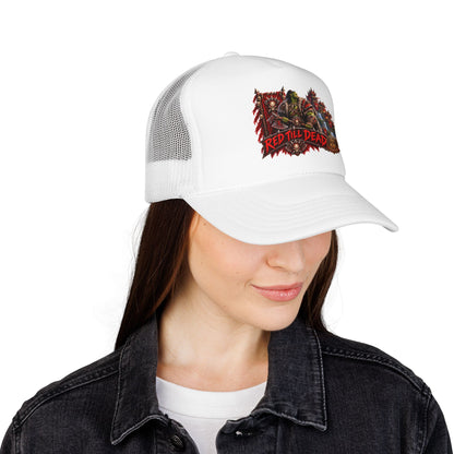 Red Till Dead Trucker Hat — Graphic Foam Mesh Cap for Bikers & Metal Fans