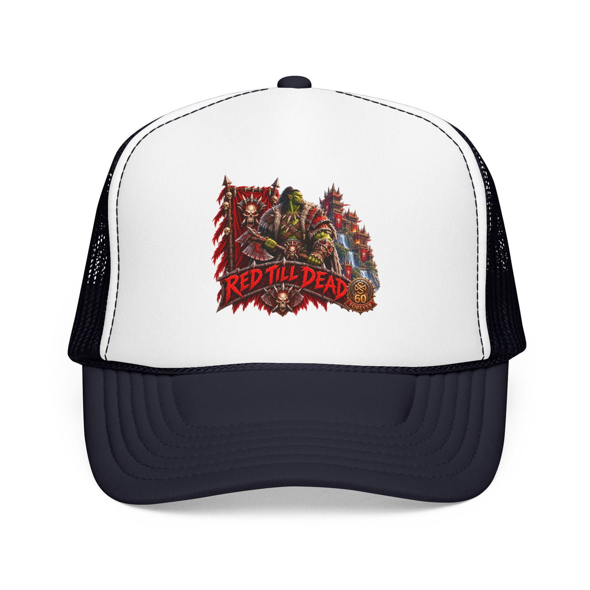 Red Till Dead Trucker Hat — Graphic Foam Mesh Cap for Bikers & Metal Fans