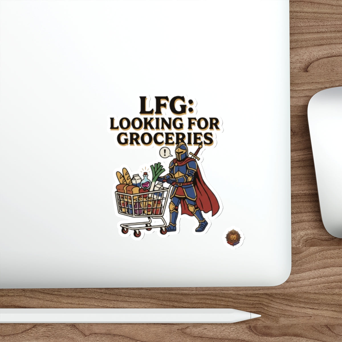 Die-Cut Sticker — "LFG: Looking For Groceries" Knight Pushing Shopping Cart