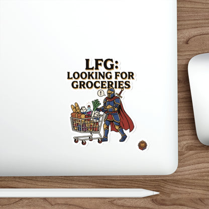 Die-Cut Sticker — "LFG: Looking For Groceries" Knight Pushing Shopping Cart