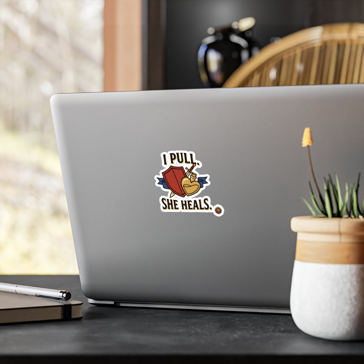 I Pull. She Heals. RPG Healer Sticker — Vinyl Kiss-Cut