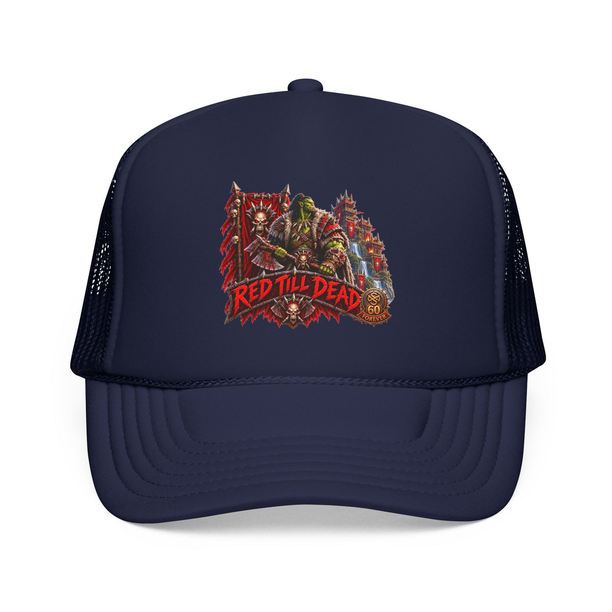 Red Till Dead Trucker Hat — Graphic Foam Mesh Cap for Bikers & Metal Fans