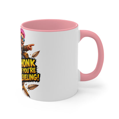 Gaming Mug — "Honk If You're Leveling" Funny Gamer Coffee Cup (Color Accent)