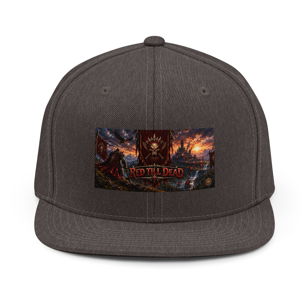 Red Till Dead Snapback Hat — Gothic Fantasy Skull Patch Cap