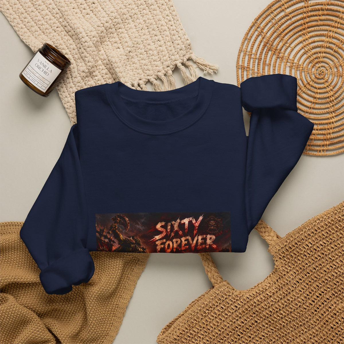 Sixty Forever Crewneck Sweatshirt — Gothic Fire Graphic Sweatshirt