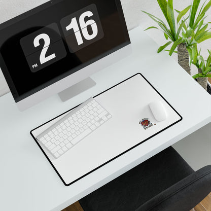 Large Desk Mat — Minimal White Gaming/Office Pad with 'All I Need Is Go In My Heart' Badge
