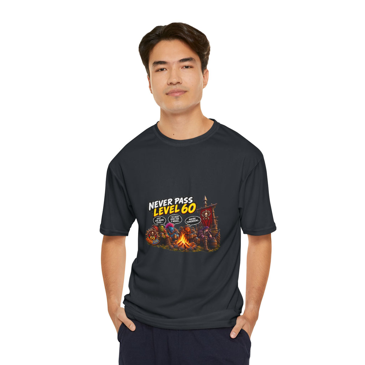 Never Pass Level 60 Gaming T-Shirt — Retro RPG Campfire Design