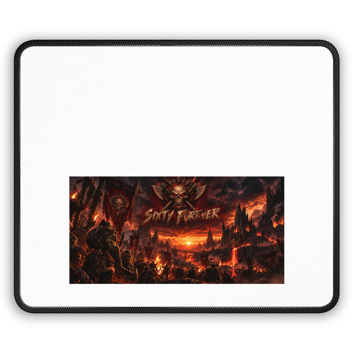 Gaming Mouse Pad — Dark Fantasy Lava Battlefield Design with "Sixty Forever" Skull Emblem