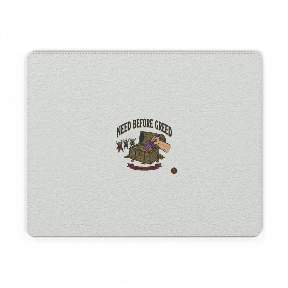 PU Leather Mouse Mat — "Need Before Greed" Desk Mousepad, Rustic Treasure Chest Design