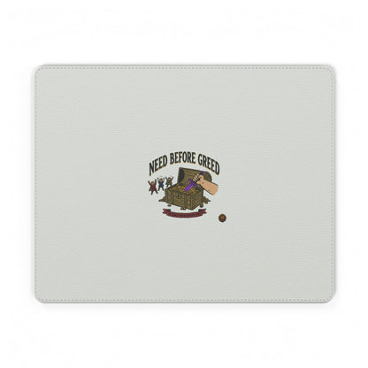 PU Leather Mouse Mat — "Need Before Greed" Desk Mousepad, Rustic Treasure Chest Design