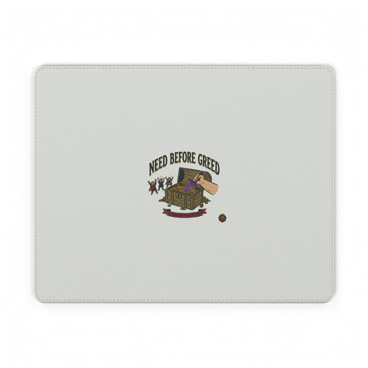 PU Leather Mouse Mat — "Need Before Greed" Desk Mousepad, Rustic Treasure Chest Design