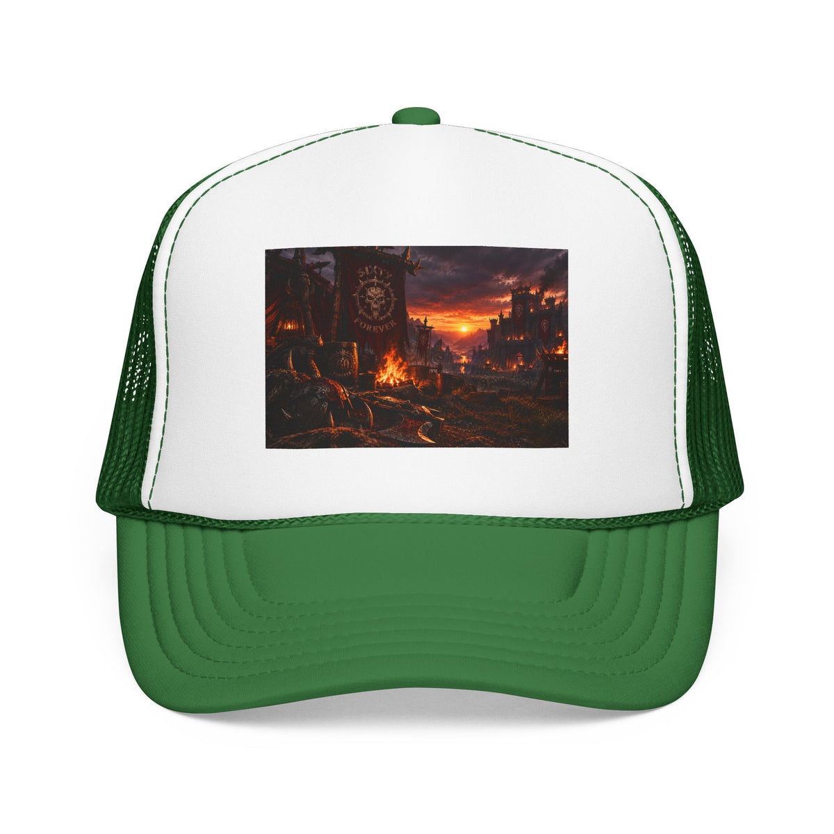 Post-Apocalyptic Campfire Foam Trucker Hat – Dark Dystopian Landscape
