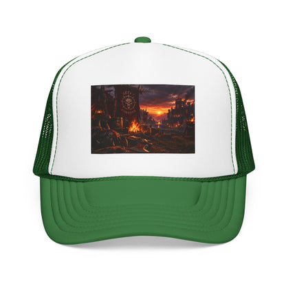 Post-Apocalyptic Campfire Foam Trucker Hat – Dark Dystopian Landscape