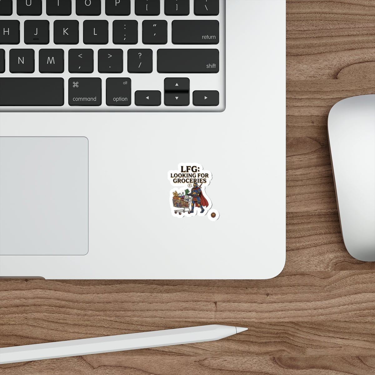 Die-Cut Sticker — "LFG: Looking For Groceries" Knight Pushing Shopping Cart