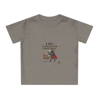 Baby T-Shirt — "LFG: Looking For Groceries" Cute Superhero Grocery Cart Tee