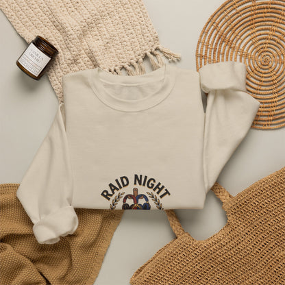 Crewneck Sweatshirt — "Raid Night Is Date Night" Vintage Crest