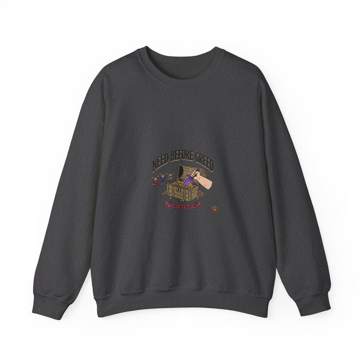 Crewneck Sweatshirt — "Need Before Greed" Chest Graphic (Sustainable Giving Vibe)