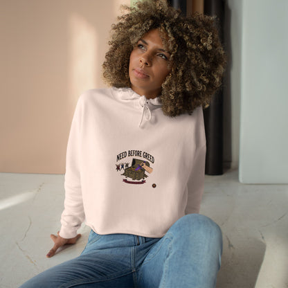 Crop Hoodie — "Need Before Greed" Cozy Graphic Crop Hoodie