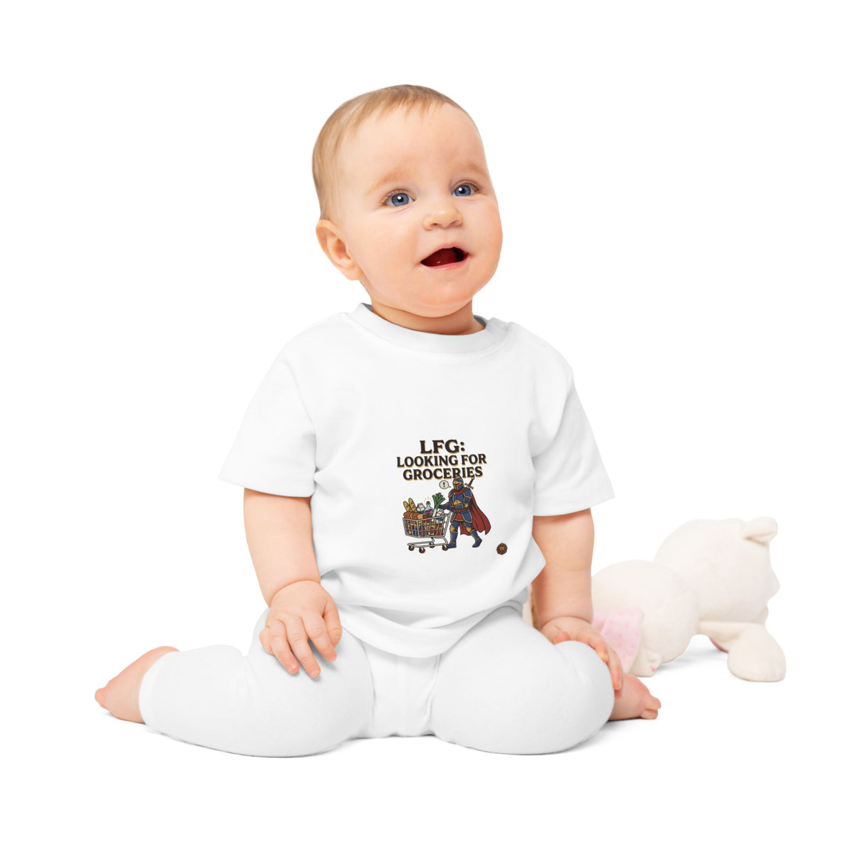 Baby T-Shirt — "LFG: Looking For Groceries" Cute Superhero Grocery Cart Tee