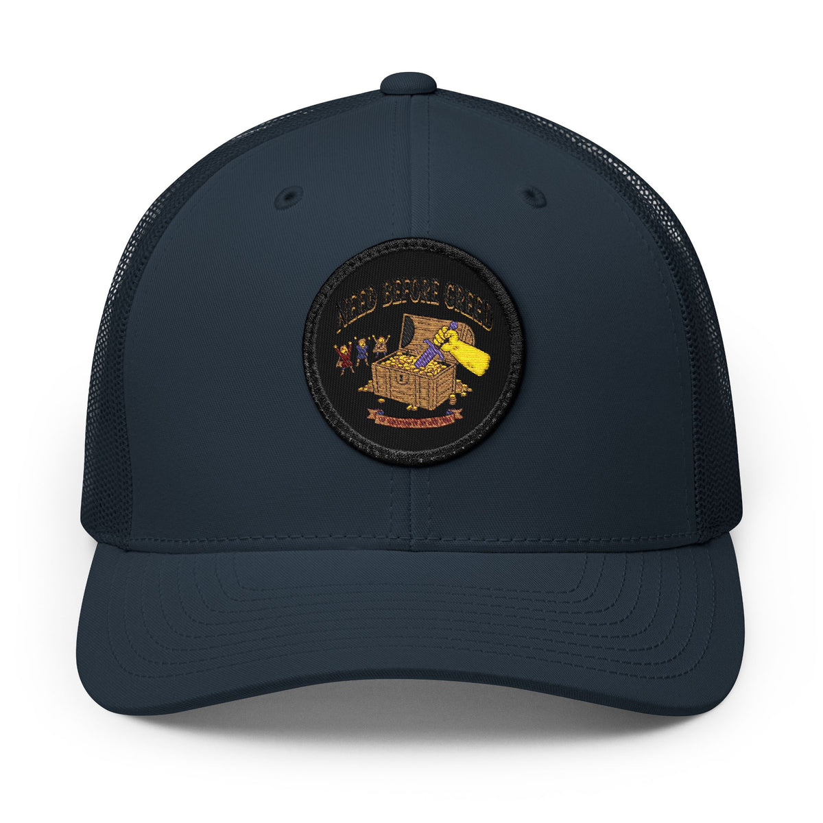 Embroidered Trucker Cap — 'Need Before Greed' Patch