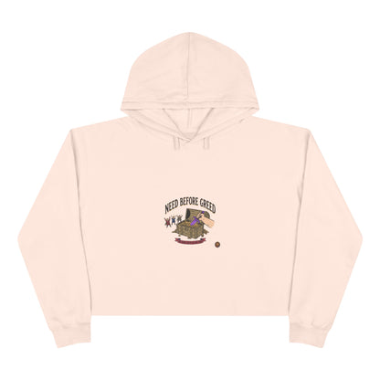 Crop Hoodie — "Need Before Greed" Cozy Graphic Crop Hoodie