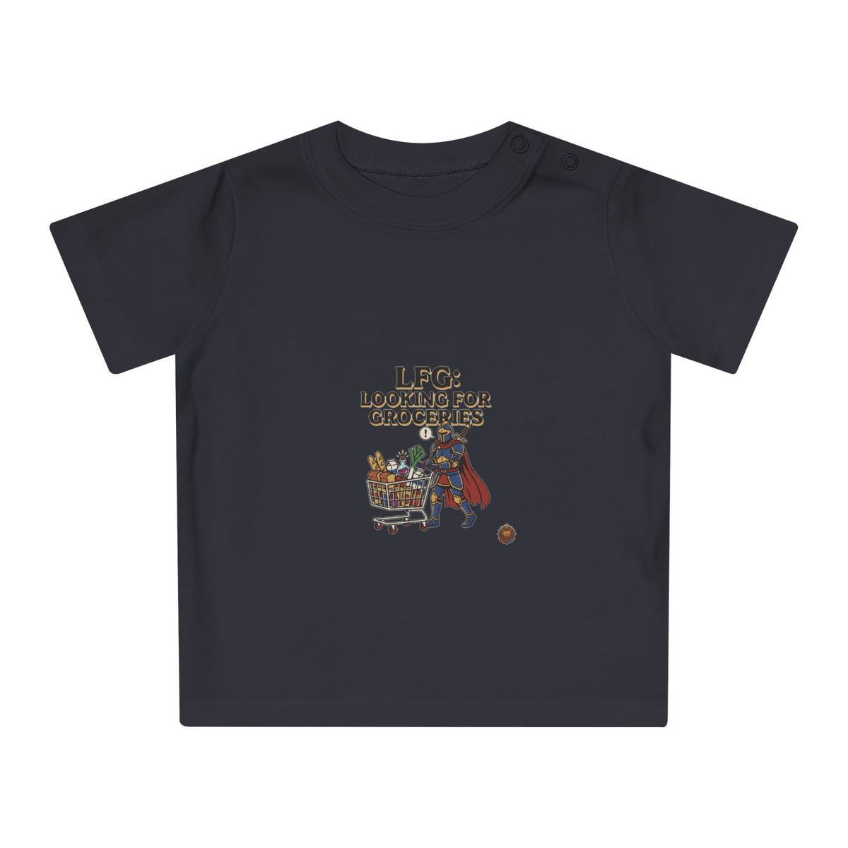 Baby T-Shirt — "LFG: Looking For Groceries" Cute Superhero Grocery Cart Tee