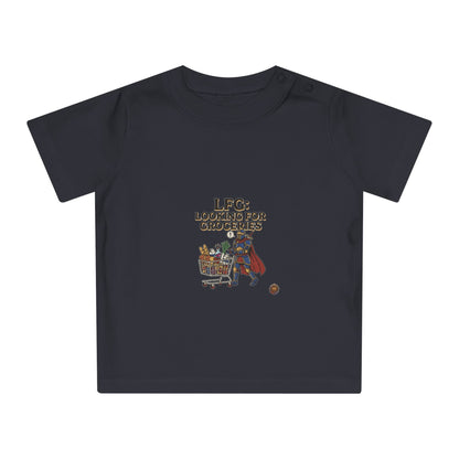 Baby T-Shirt — "LFG: Looking For Groceries" Cute Superhero Grocery Cart Tee