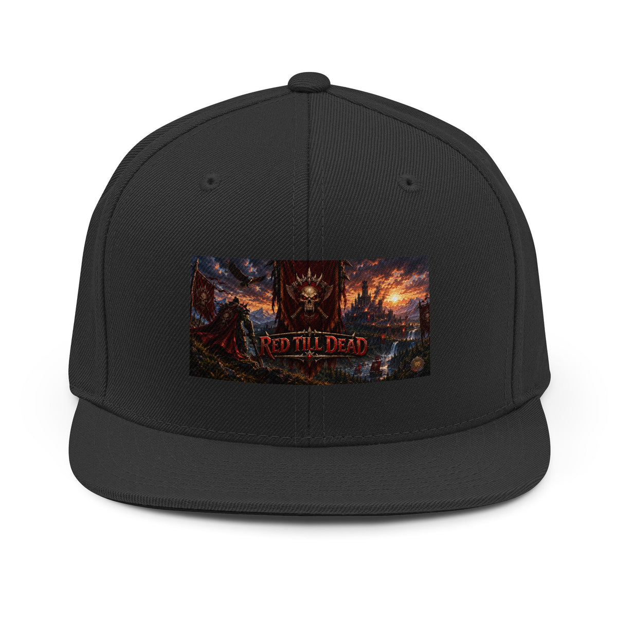 Red Till Dead Snapback Hat — Gothic Fantasy Skull Patch Cap