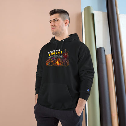 Champion Hoodie - 'Never Pass Level 60' Gamer Campfire Graphic Hoodie