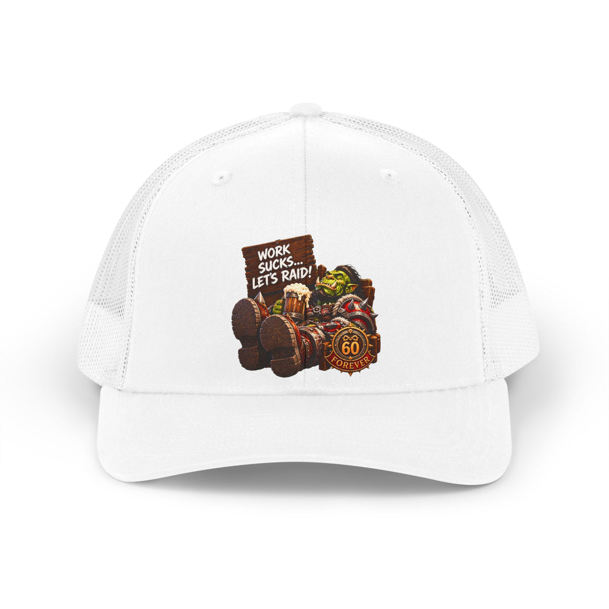 Retro Trucker Hat — "Work Sucks, Let's Raid!" Vintage Gamer Road Trip Cap
