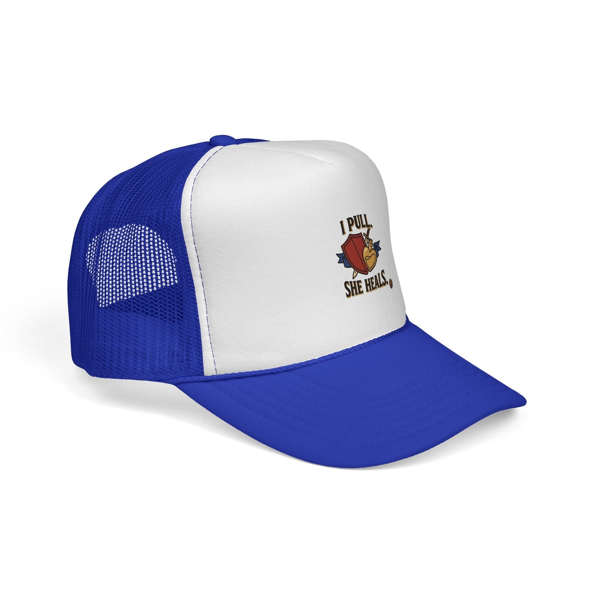 Trucker Hat — "I Pull, She Heals" Weightlifting Barbell Design