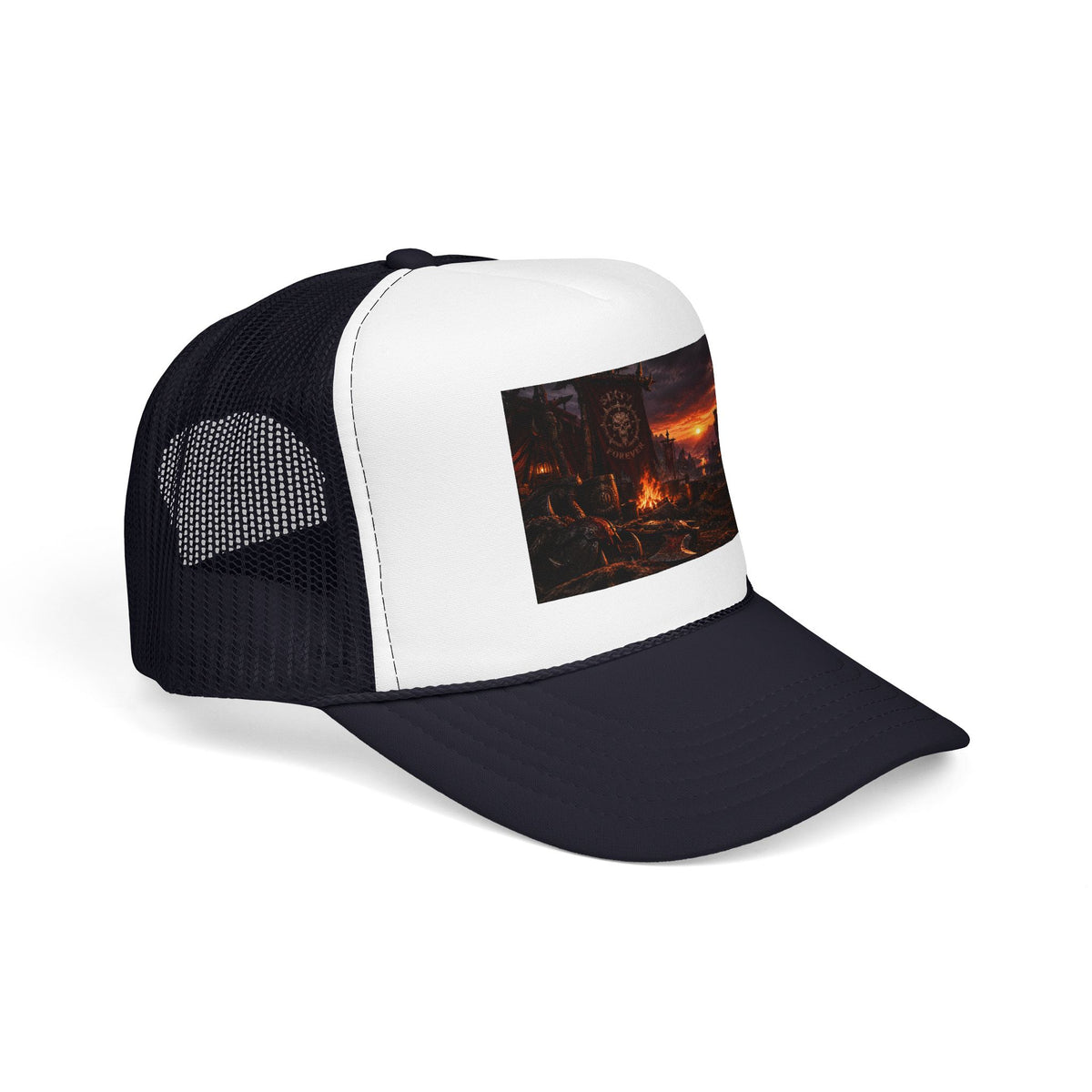 Post-Apocalyptic Campfire Foam Trucker Hat – Dark Dystopian Landscape