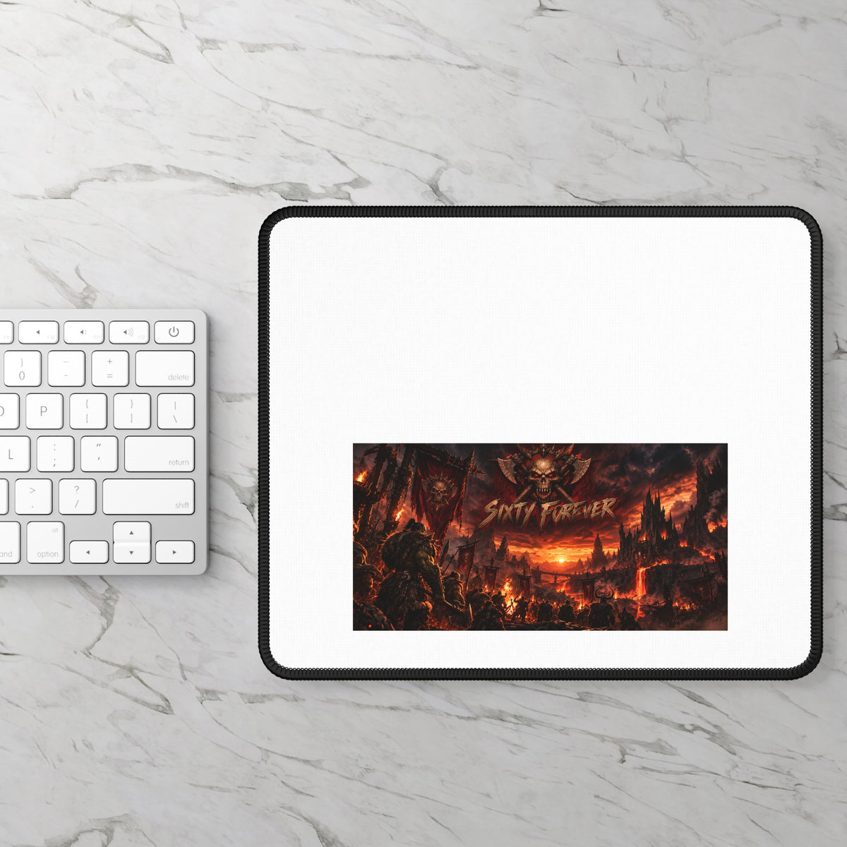 Gaming Mouse Pad — Dark Fantasy Lava Battlefield Design with "Sixty Forever" Skull Emblem