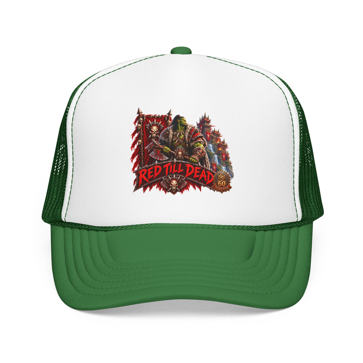 Red Till Dead Trucker Hat — Graphic Foam Mesh Cap for Bikers & Metal Fans