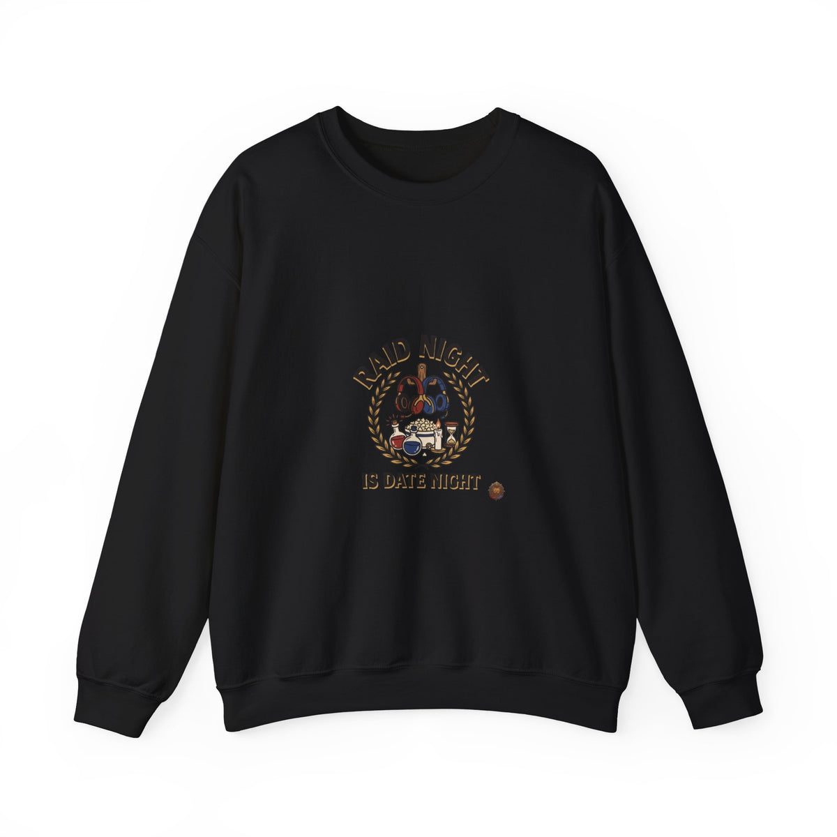 Crewneck Sweatshirt — "Raid Night Is Date Night" Vintage Crest