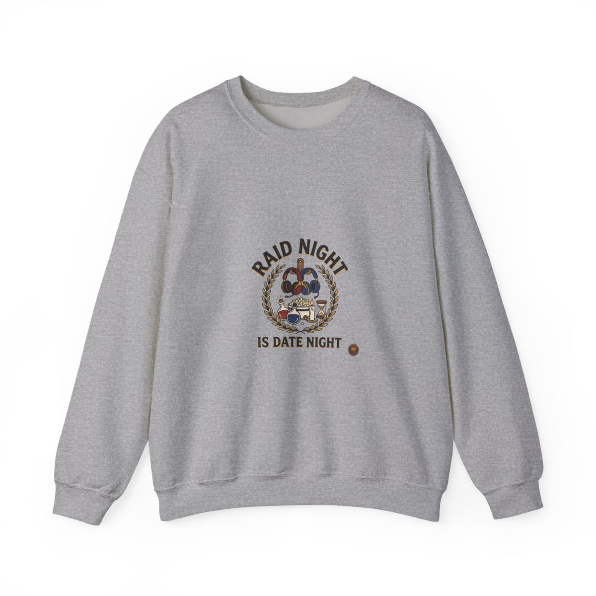 Crewneck Sweatshirt — "Raid Night Is Date Night" Vintage Crest