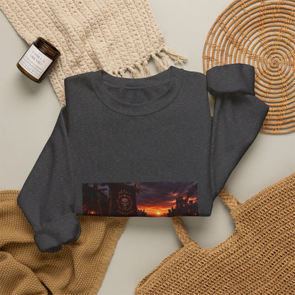Apocalyptic Cityscape Crewneck Sweatshirt — Dystopian Sunset Graphic