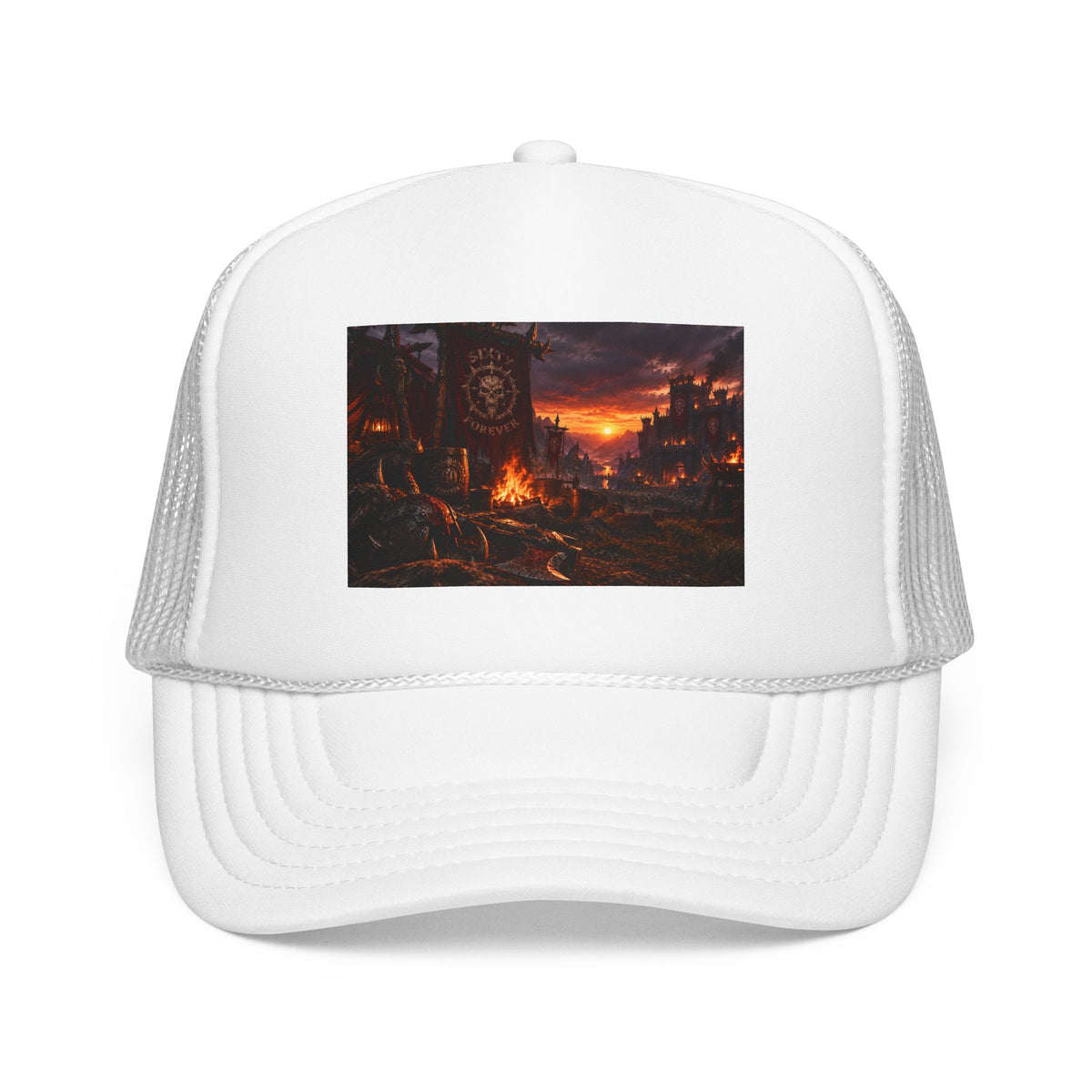 Post-Apocalyptic Campfire Foam Trucker Hat – Dark Dystopian Landscape