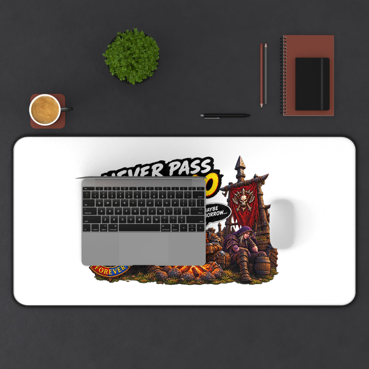 Never Pass Level 60 Desk Mat — Retro RPG Campfire Gaming Mousepad