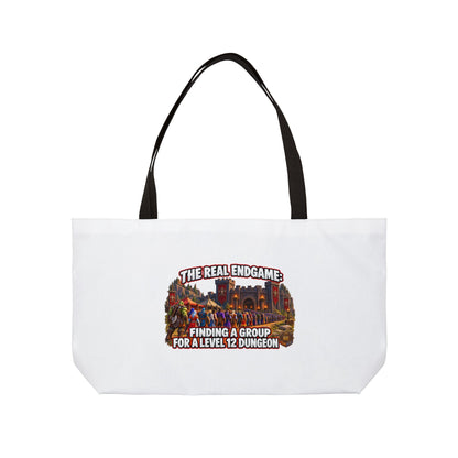 Weekender Tote Bag — "The Real Endgame: Finding a Group for a Level 12 Dungeon" Gamer Tote