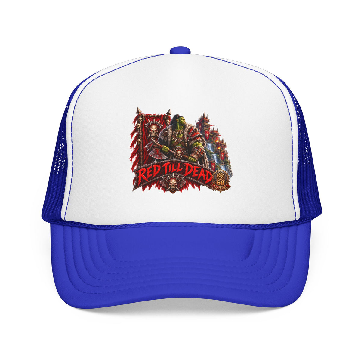 Red Till Dead Trucker Hat — Graphic Foam Mesh Cap for Bikers & Metal Fans