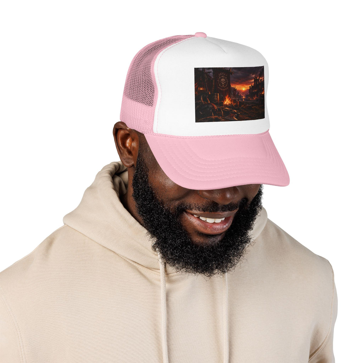 Post-Apocalyptic Campfire Foam Trucker Hat – Dark Dystopian Landscape