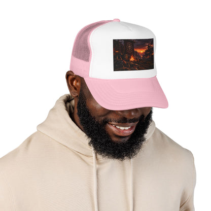 Post-Apocalyptic Campfire Foam Trucker Hat – Dark Dystopian Landscape