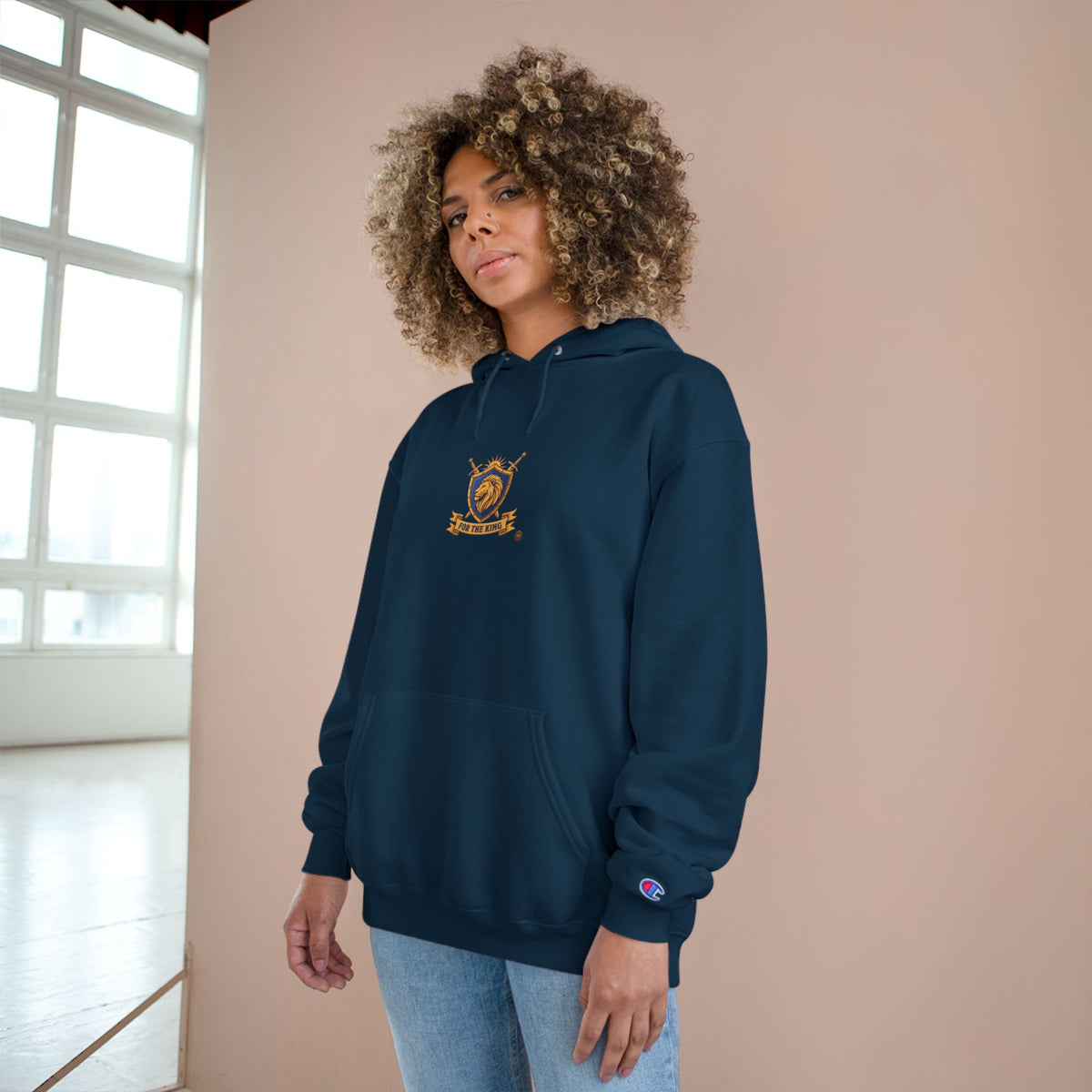 Champion Hoodie — Small Gold Crest Logo Athletic Pullover