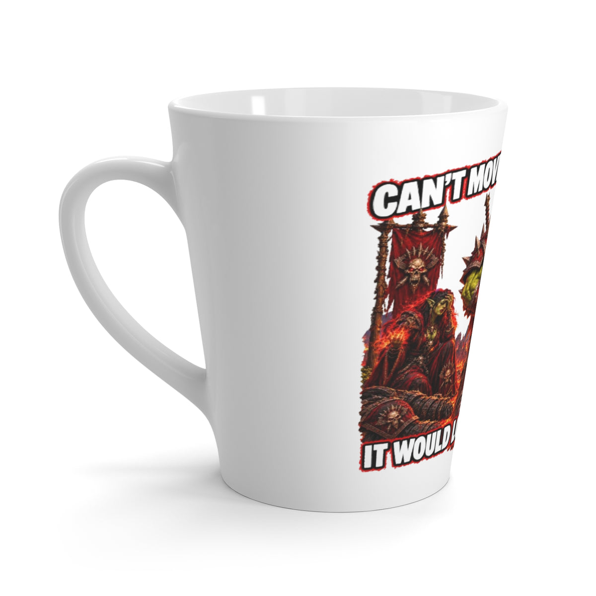 Latte Mug — Gamer Orc ‘Can’t Move Out of the Fire’ Funny MMO Coffee Cup