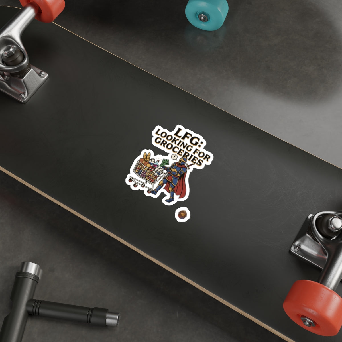 Die-Cut Sticker — "LFG: Looking For Groceries" Knight Pushing Shopping Cart
