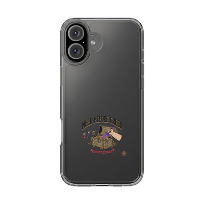 Clear Phone Case — "Need Before Greed" Treasure Chest Design